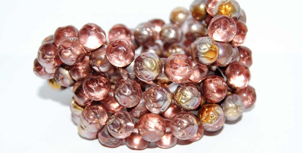 Round Pressed Glass Beads With Rose, Transparent Pink 27101 (70120 27101), Glass, Czech Republic
