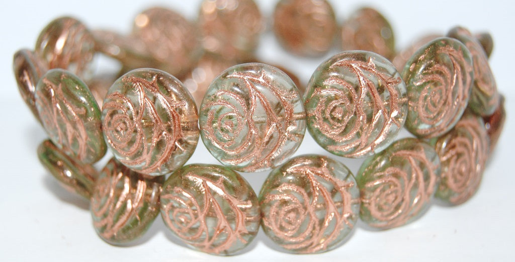 Round Flat Rose Flower Pressed Glass Beads, (87301 54200), Glass, Czech Republic