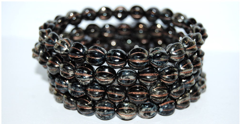 Melon Round Pressed Glass Beads With Stripes, Black 43 54200 (23980 43 54200), Glass, Czech Republic