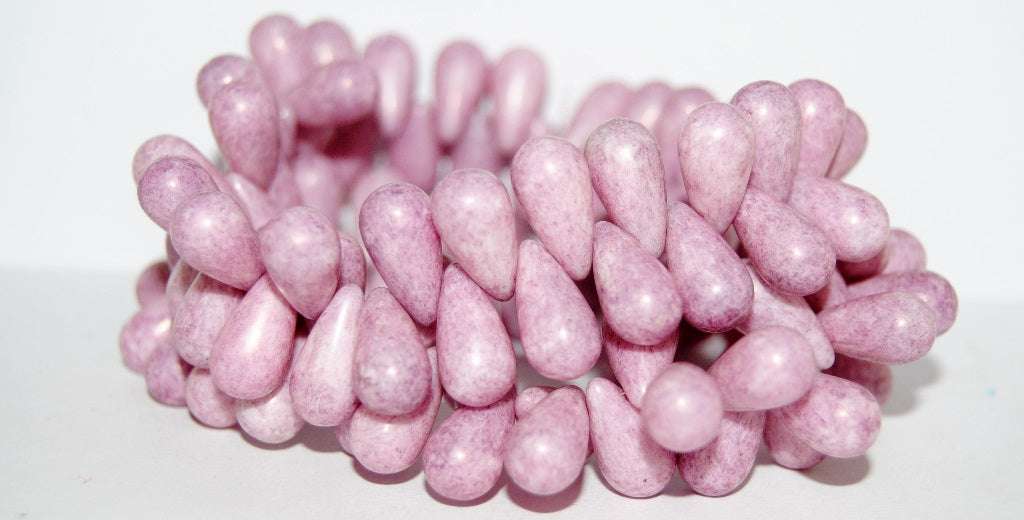 Pear Drop Pressed Glass Beads, Chalk White Luster Lila (3000 14494), Glass, Czech Republic