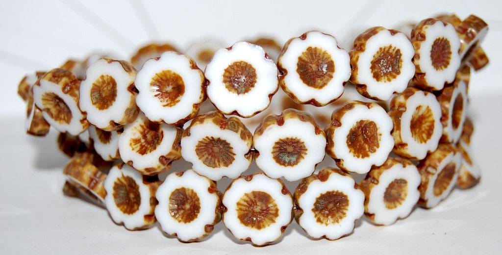 Table Cut Round Beads Hawaii Flowers, White Travertin (2010 86800), Glass, Czech Republic