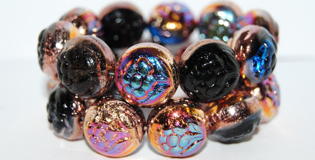 Round With Flower Pressed Glass Beads, Color Mixed Colors 29500 (Color Mix 29500), Glass, Czech Republic