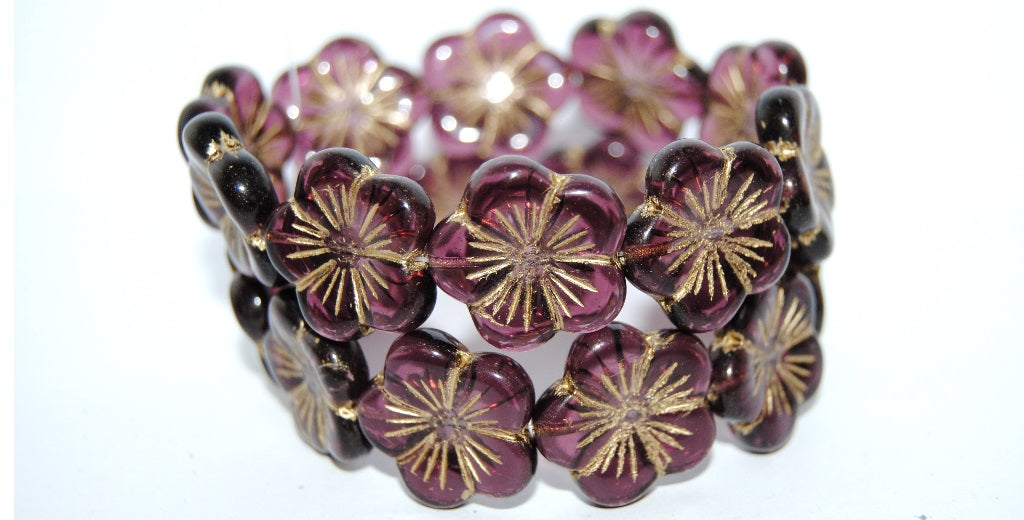 Round Flower Hibiskus Pressed Glass Beads, Transparent Amethyst 54202 (20080 54202), Glass, Czech Republic