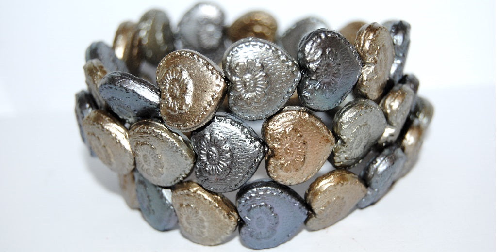 Heart With Flower Pressed Glass Beads, Mix Of Matt Metallic Colors (1670), Glass, Czech Republic