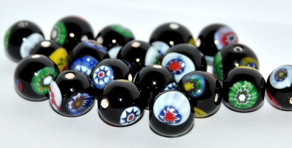 Czech Glass Hand Made Round Lampwork Beads With Flower, (B), Glass, Czech Republic