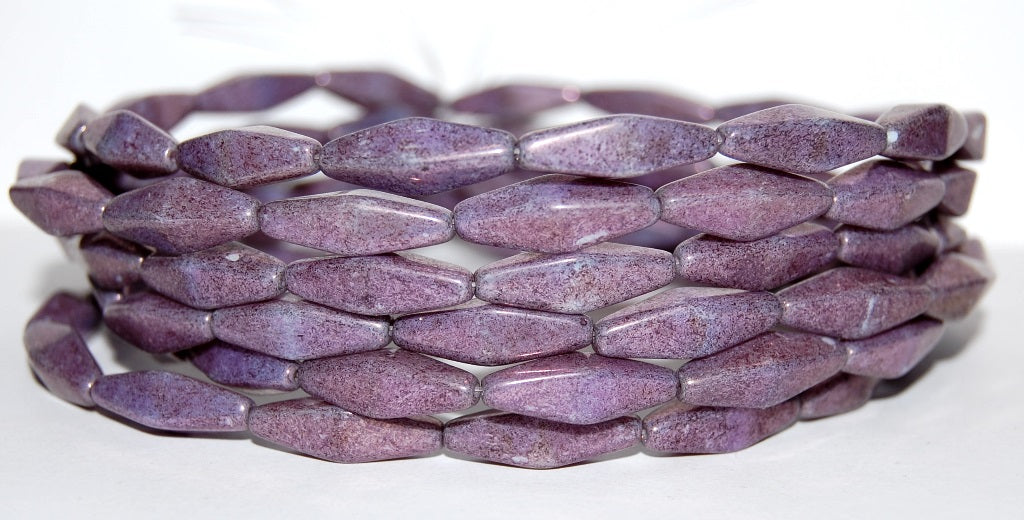 Olive Oval Pressed Glass Beads With Edges, White Purple (2010 15726), Glass, Czech Republic