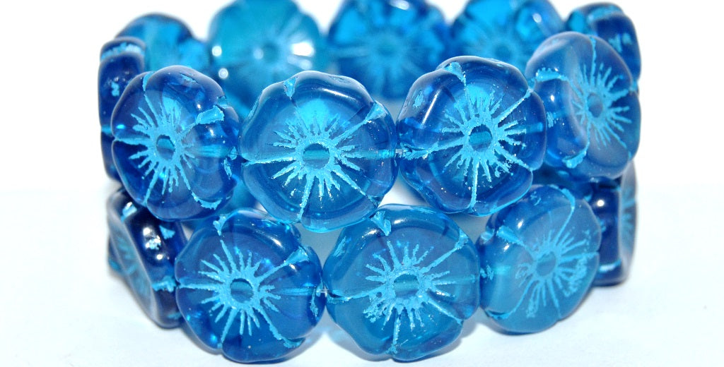 Hawaii Flower Pressed Glass Beads, Transparent Aqua 46460 (60080 46460), Glass, Czech Republic