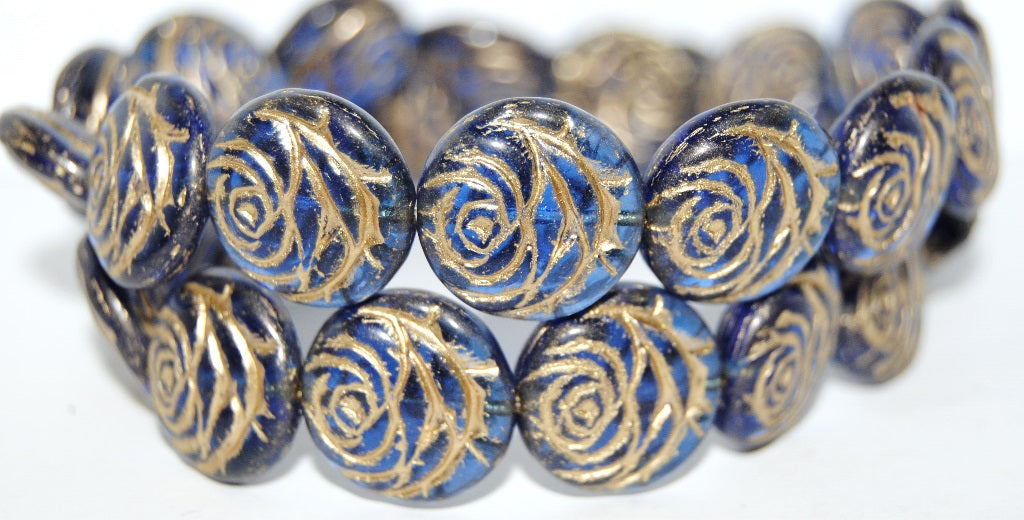 Round Flat Rose Flower Pressed Glass Beads, Transparent Blue 54202 (30030 54202), Glass, Czech Republic