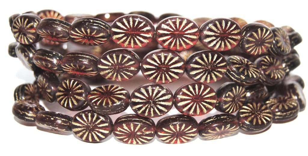 Flat Oval Pressed Glass Beads With Rays, Transparent Red 54202 (90060 54202), Glass, Czech Republic