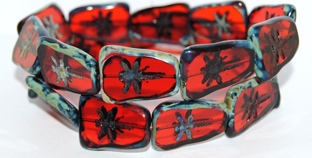 Table Cut Rectangle Beads With Dragonfly, Transparent Red 66800 (90060 66800), Glass, Czech Republic