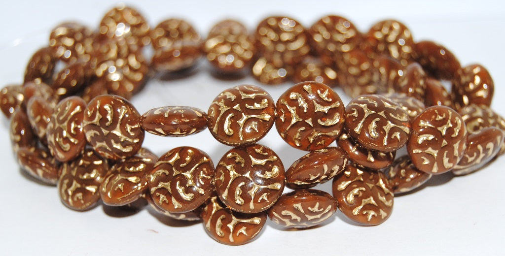 Lentil Round With Ornament Brain Pressed Glass Beads, (16616 54202), Glass, Czech Republic