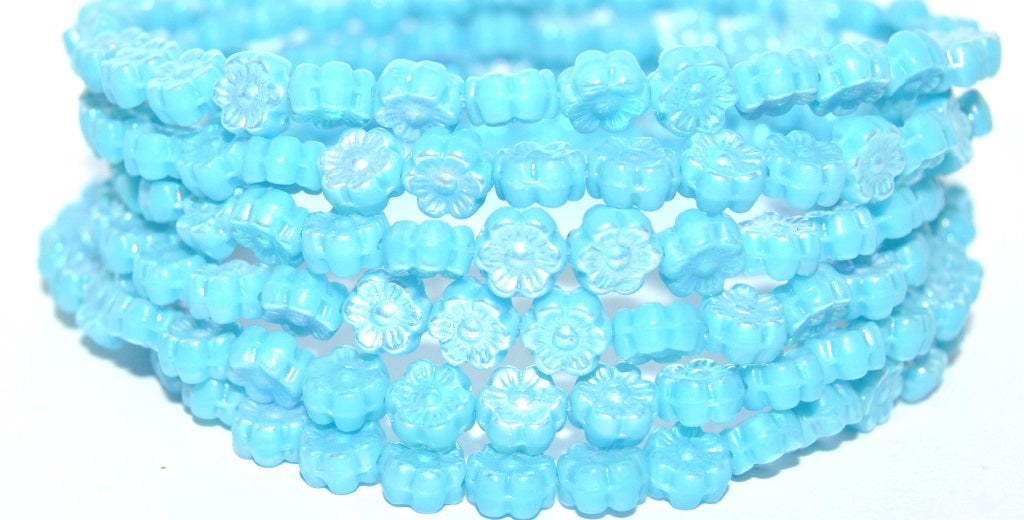 Hawaii Flower Pressed Glass Beads, Turquoise Blue Ab 2Xside (63030 Ab 2Xside), Glass, Czech Republic