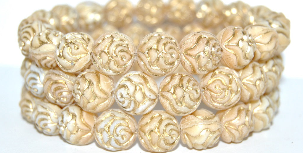 Round Rose Pressed Glass Beads, Dark Beige 54202 Antiq (7193 54202 Antiq), Glass, Czech Republic