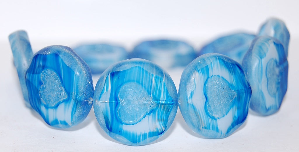 Table Cut Round Beads With Heart, Light Blue White Delay Luster Cream (65016 14401), Glass, Czech Republic