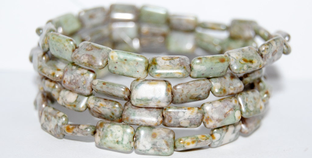 Rectangle Pressed Glass Beads, Chalk White Senegal Green (3000 15657), Glass, Czech Republic