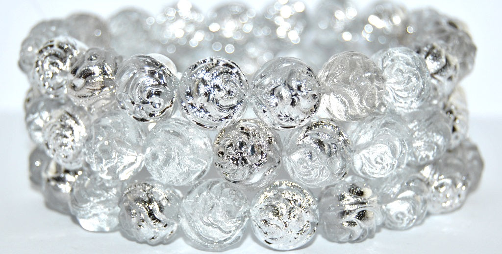 Round Rose Pressed Glass Beads, Crystal Crystal Silver Half Coating (30 27001), Glass, Czech Republic