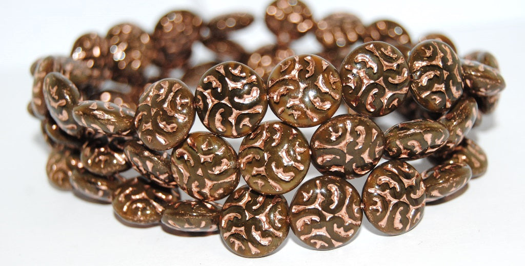 Lentil Round With Ornament Brain Pressed Glass Beads, (16617B 54200), Glass, Czech Republic