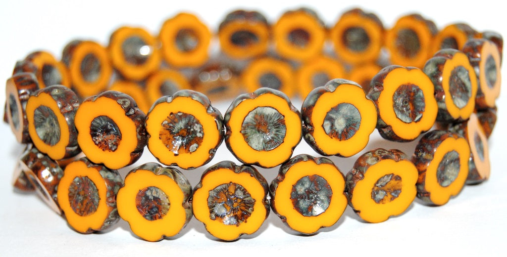 Table Cut Round Beads Hawaii Flowers, Deep Orange 43400 (93140 43400), Glass, Czech Republic