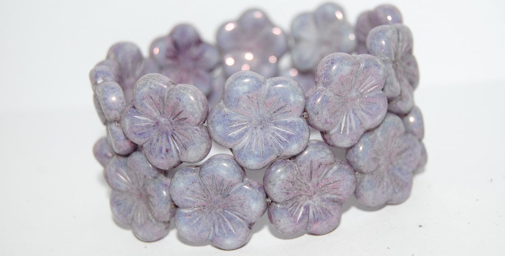Round Flower Hibiskus Pressed Glass Beads, White Purple (2010 15726), Glass, Czech Republic