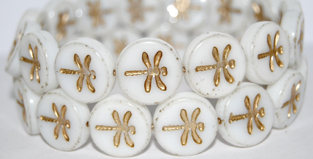 Round Flat Wit Dragonfly Pressed Glass Beads, White 54202 (2010 54202), Glass, Czech Republic