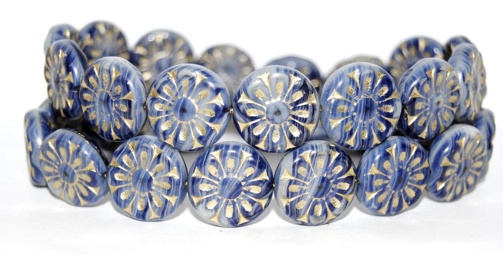 Flat Round With Flower Pressed Glass Beads, Opaque White Blue Striped 54202 (35000 54202), Glass, Czech Republic