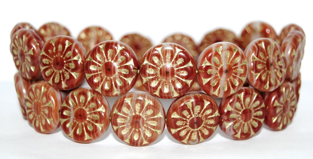 Flat Round With Flower Pressed Glass Beads, Green Purple 54202 (95000 54202), Glass, Czech Republic