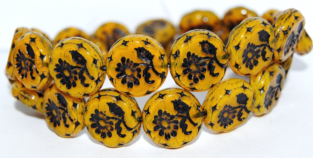 Round Flat With Flower Marguerite Pressed Glass Beads, Opal Yellow 46769 (81210 46769), Glass, Czech Republic
