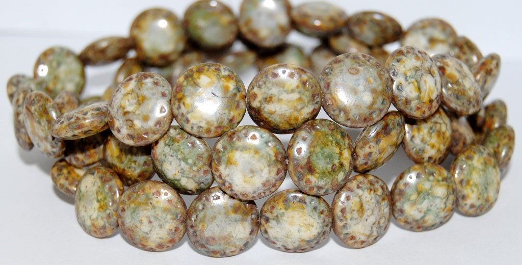 Flat Round Pressed Glass Beads With Ornament, Senegal Green (15657), Glass, Czech Republic