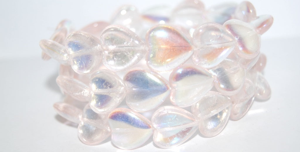 Heart Pressed Glass Beads, Transparent Pink Ab (70010 Ab), Glass, Czech Republic