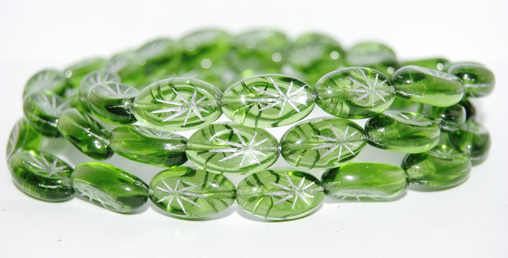 Oval With Rays Pressed Glass Beads, Transparent Green 54201 (50130 54201), Glass, Czech Republic