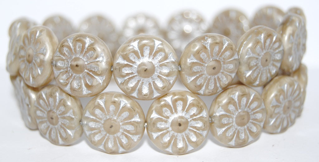 Flat Round With Flower Pressed Glass Beads, (17006 54201), Glass, Czech Republic