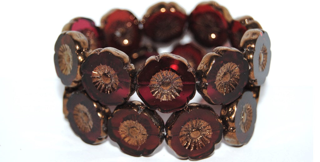 Table Cut Round Beads Hawaii Flowers, Transparent Pink Bronze (70010 14415), Glass, Czech Republic