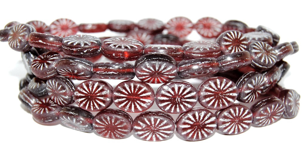 Flat Oval Pressed Glass Beads With Rays, Transparent Red 54201 (90060 54201), Glass, Czech Republic