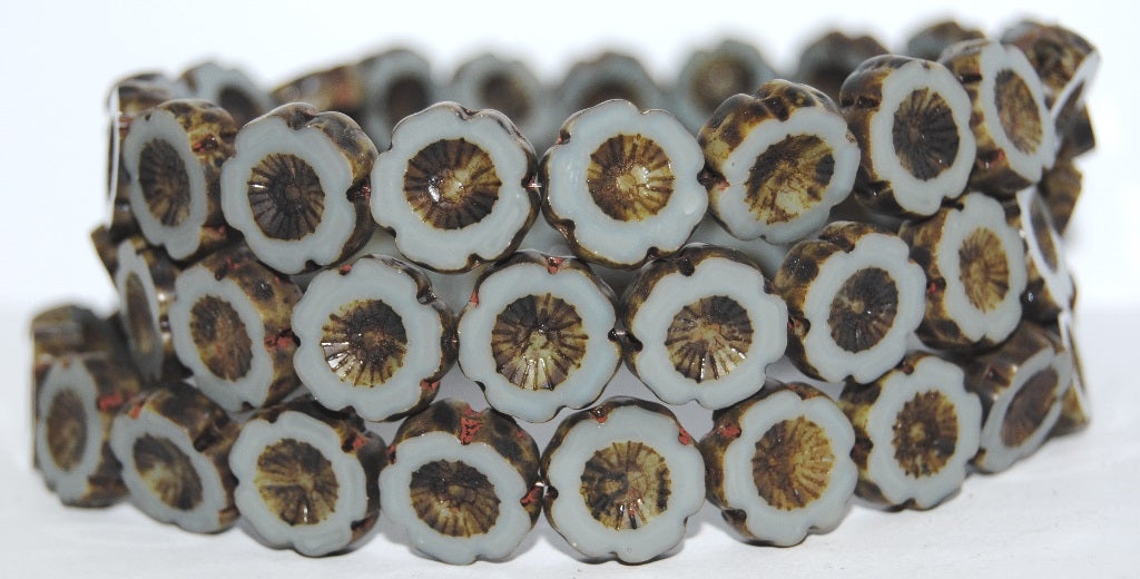 Table Cut Round Beads Hawaii Flowers, Opaque Gray Travertin (43030 86800), Glass, Czech Republic