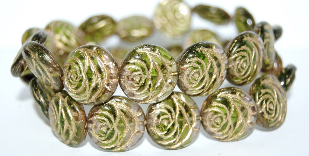 Round Flat Rose Flower Pressed Glass Beads, (57701 54202), Glass, Czech Republic
