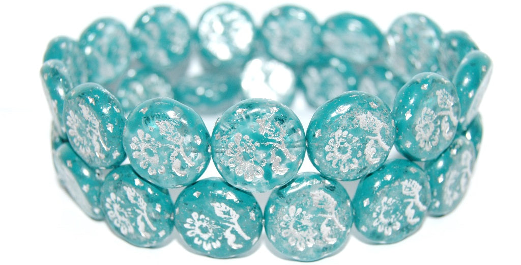 Round Flat With Flower Marguerite Pressed Glass Beads, Crystal Lava 43613 (30 Lava 43613), Glass, Czech Republic