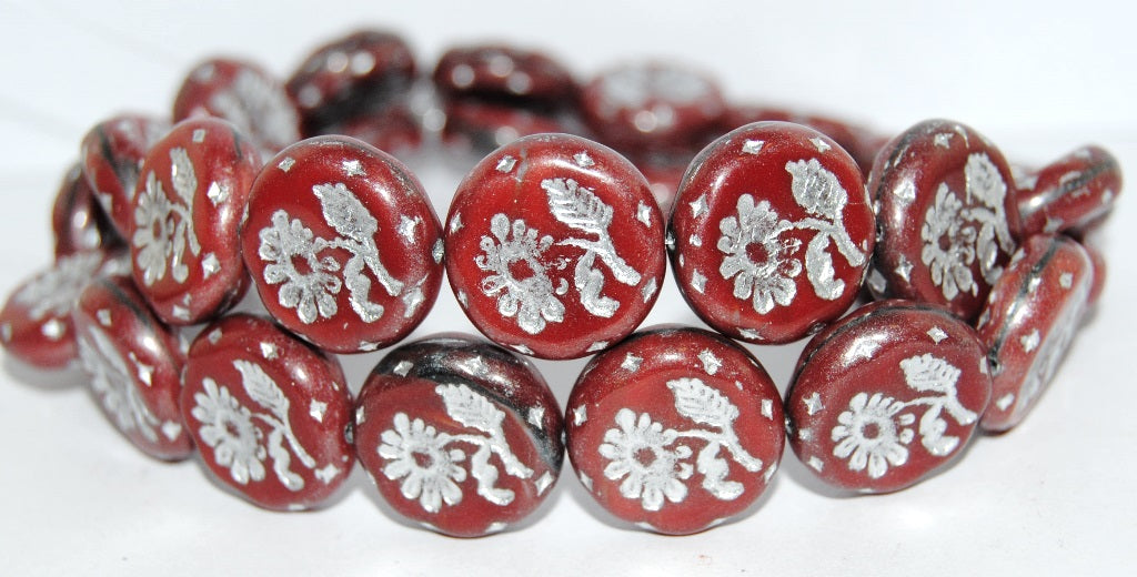 Round Flat With Flower Marguerite Pressed Glass Beads, (26907 54201), Glass, Czech Republic