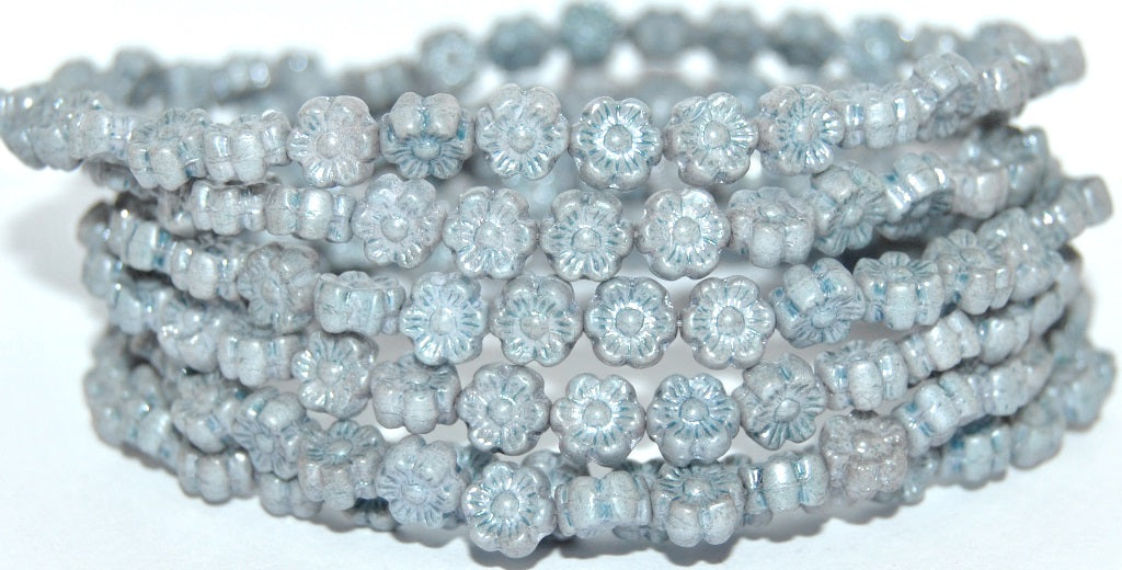 Hawaii Flower Pressed Glass Beads, White Luster Blue Full Coated (2010 14464), Glass, Czech Republic