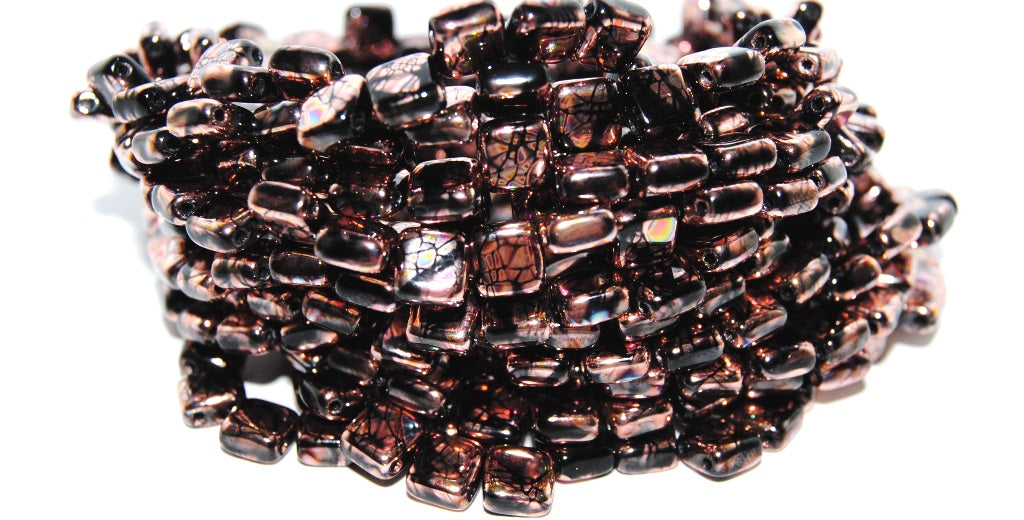 Flat Square Tile 2-Hole Pressed Glass Beads, Black Batika Miwi (23980 Batika Miwi), Glass, Czech Republic