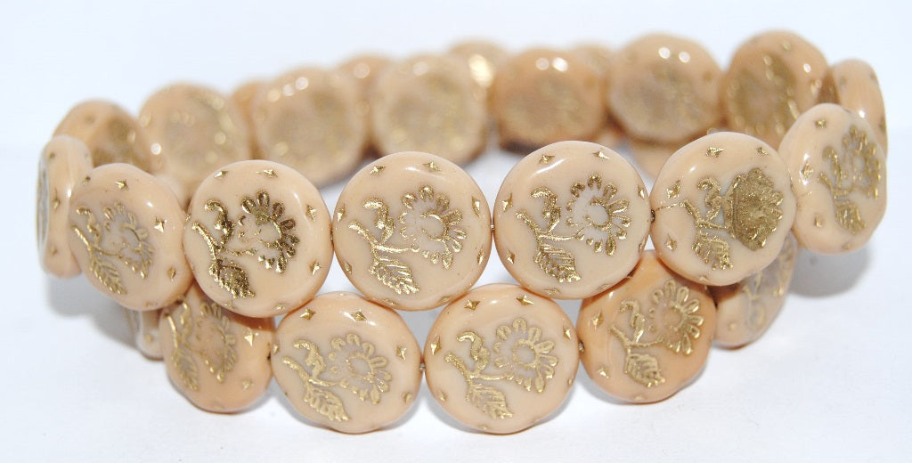 Round Flat With Flower Marguerite Pressed Glass Beads, (13020B 54202), Glass, Czech Republic