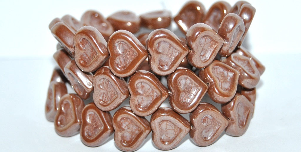 Heart With Heart Pressed Glass Beads, Opaque Brown Hematite (13600 14400), Glass, Czech Republic
