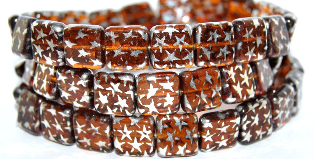 Flat Square Pressed Glass Beads, Transparent Brown 3201 Star Snow (10090 3201 Star Snow), Glass, Czech Republic