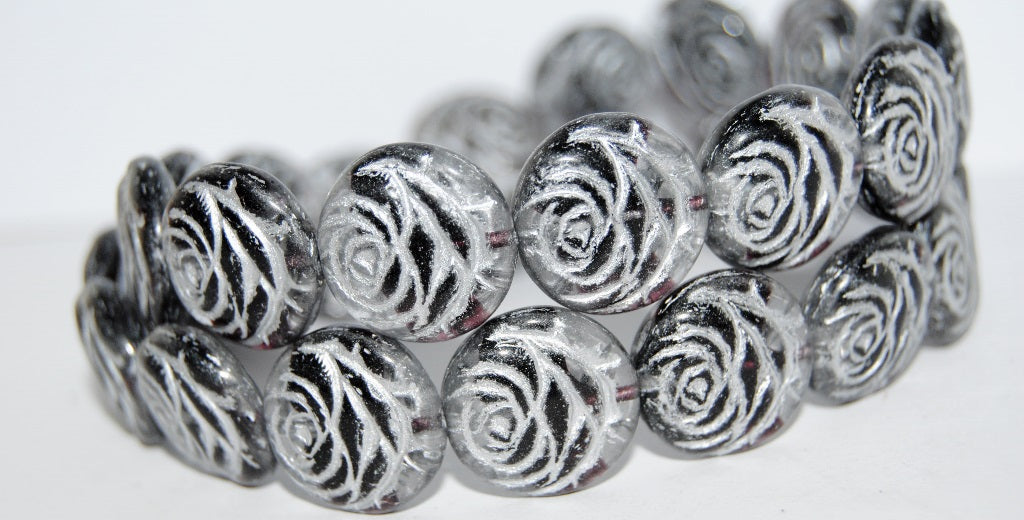 Round Flat Rose Flower Pressed Glass Beads, (26998 54201), Glass, Czech Republic