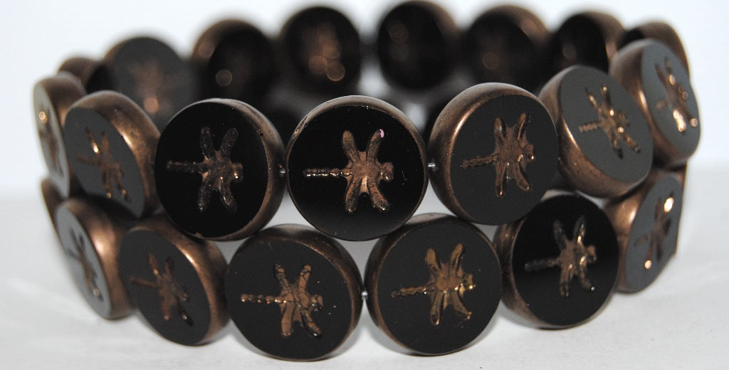 Table Cut Round Beads With Dragonfly, Black Bronze Matte (23980 14415M), Glass, Czech Republic