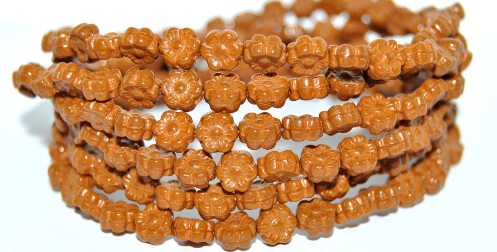 Hawaii Flower Pressed Glass Beads, Opaque Brown 43808 Metalic (13610 43808 Metalic), Glass, Czech Republic
