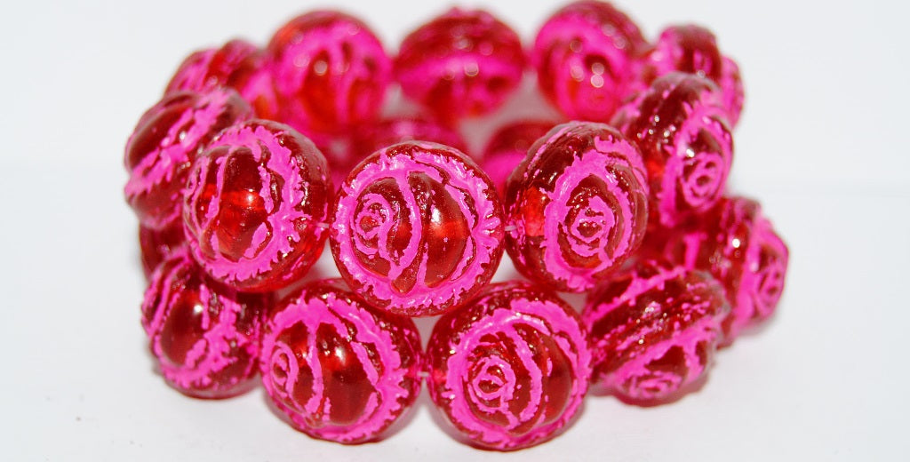 Round With Rose Flower Pressed Glass Beads, Opal Pink 46470 (71010 46470), Glass, Czech Republic
