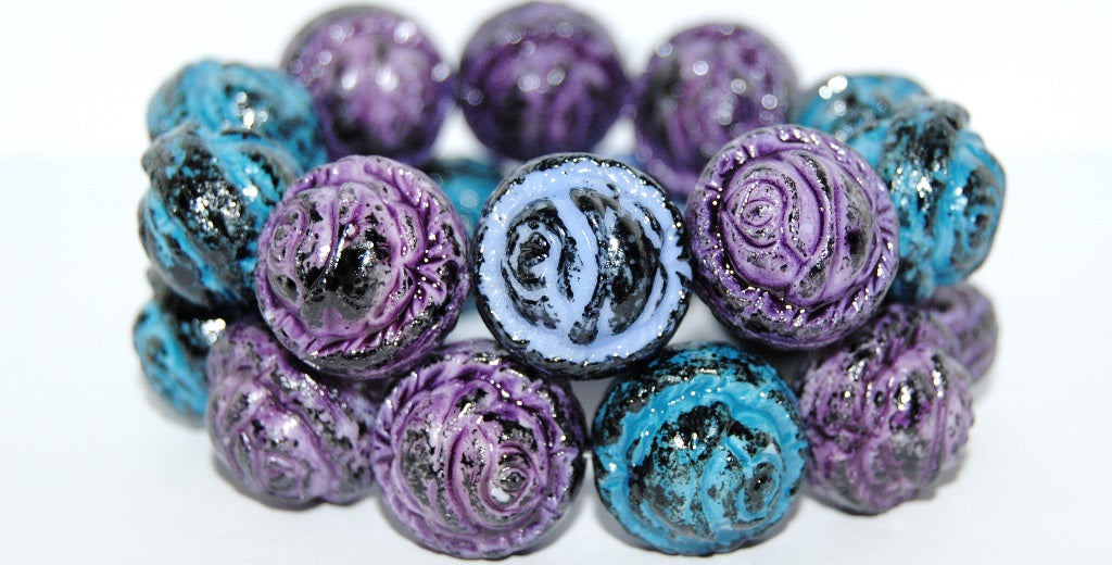 Round With Rose Flower Pressed Glass Beads, (Lava Glass Bp), Glass, Czech Republic
