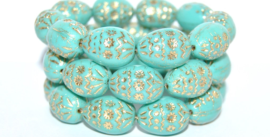 Oval Egg With Decor Pressed Glass Beads, Turquoise 54202 (63130 54202), Glass, Czech Republic