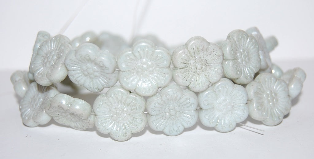 Flower Pressed Glass Beads, White Luster Green Full Coated (2010 14457), Glass, Czech Republic