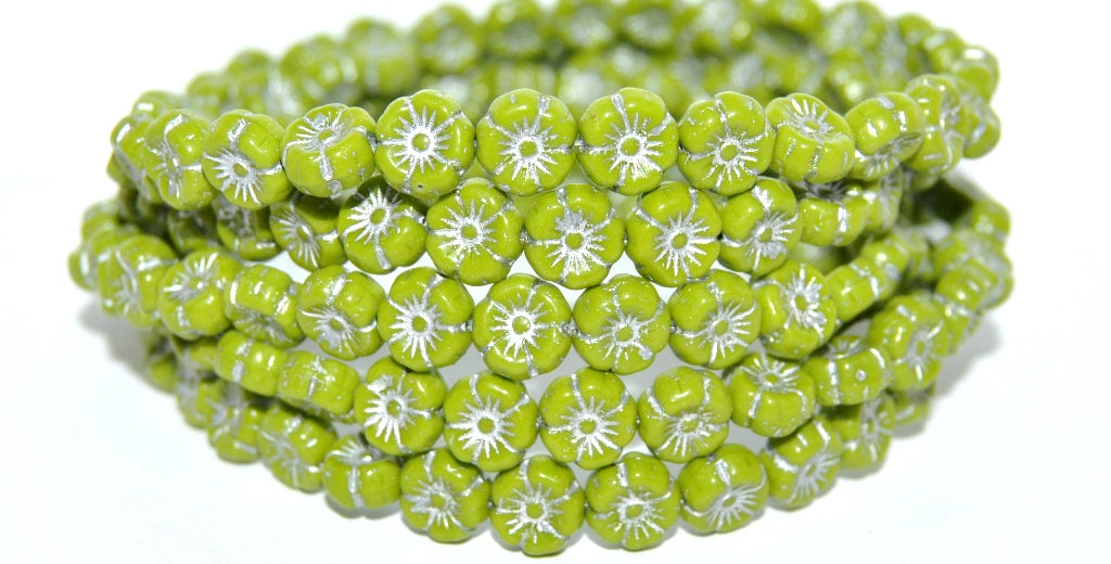 Hawaii Flower Pressed Glass Beads, Opaque Green 54201 (53410 54201), Glass, Czech Republic